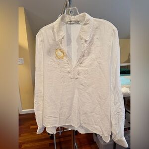 Zara White Embroidered Gauze Blouse Size Small Boho Top